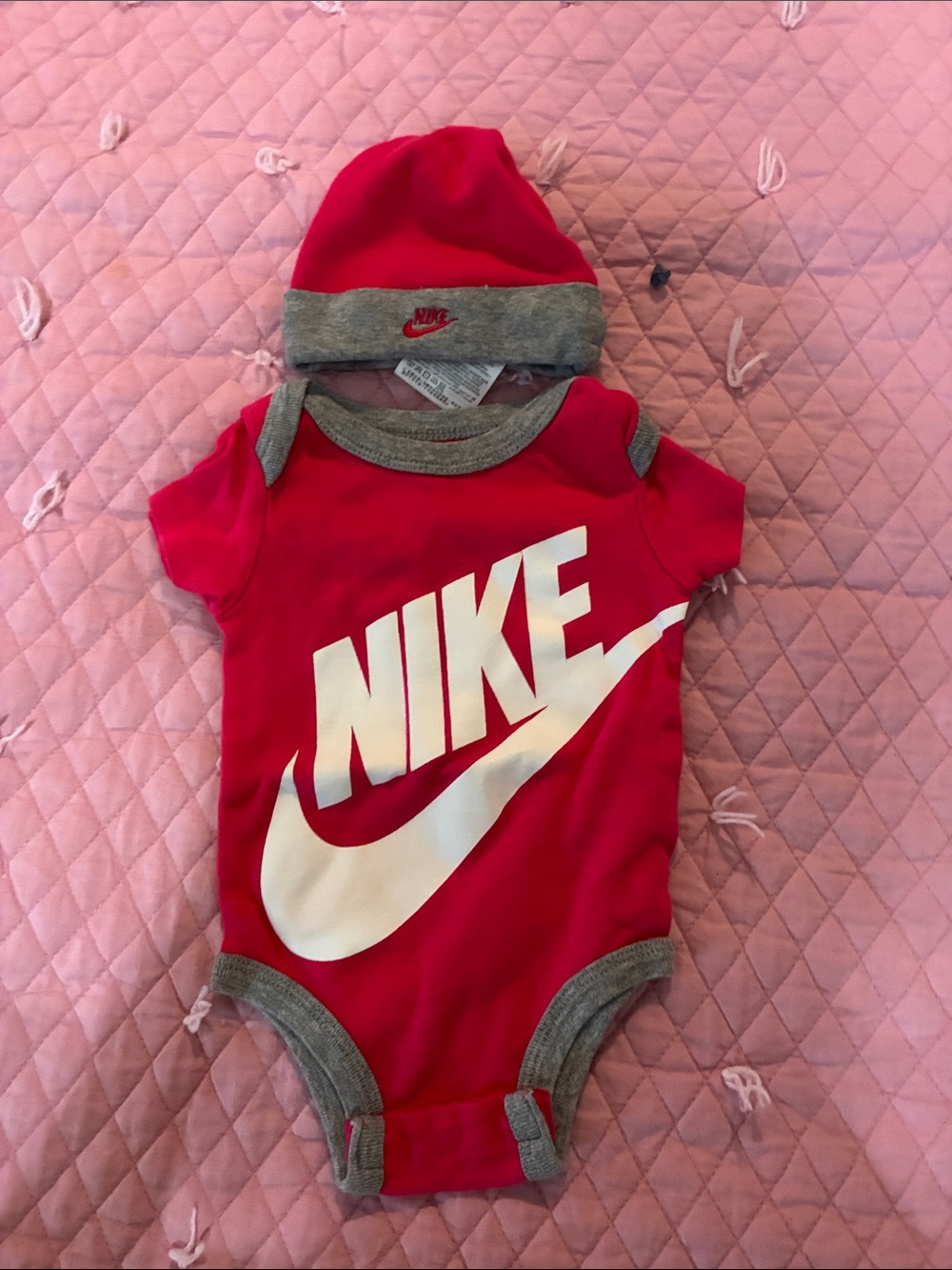 Nike Hot Pink One-Piece Bodysuit with Gray Trim and White Swoosh